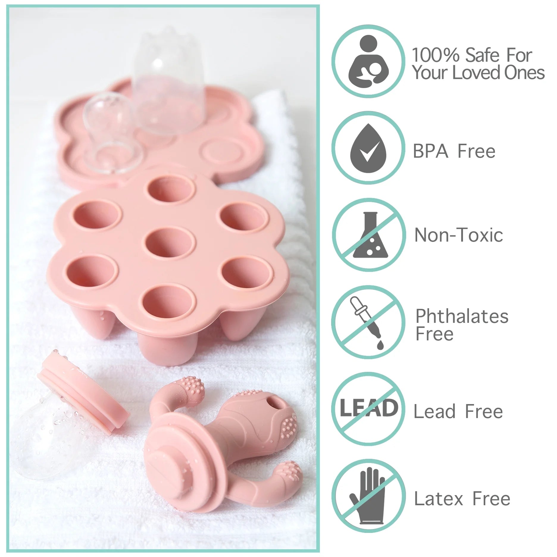 Silicone Baby Fruit Feeder and Teether Set with Breastmilk Popsicle Freezer Molds, Rose