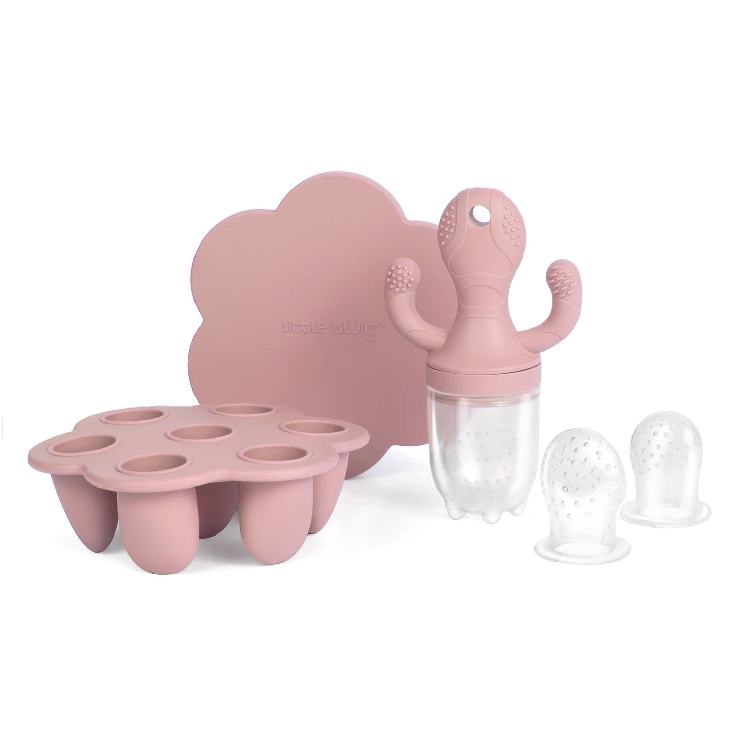 Silicone Baby Fruit Feeder and Teether Set with Breastmilk Popsicle Freezer Molds, Rose