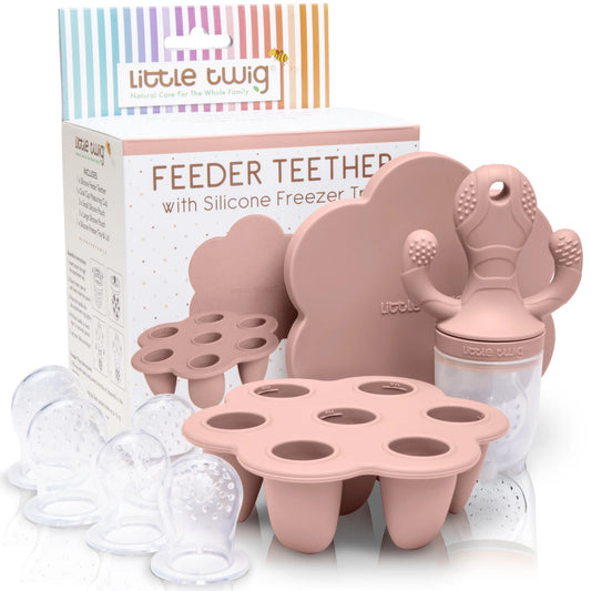 Silicone Baby Fruit Feeder and Teether Set with Breastmilk Popsicle Freezer Molds, Rose